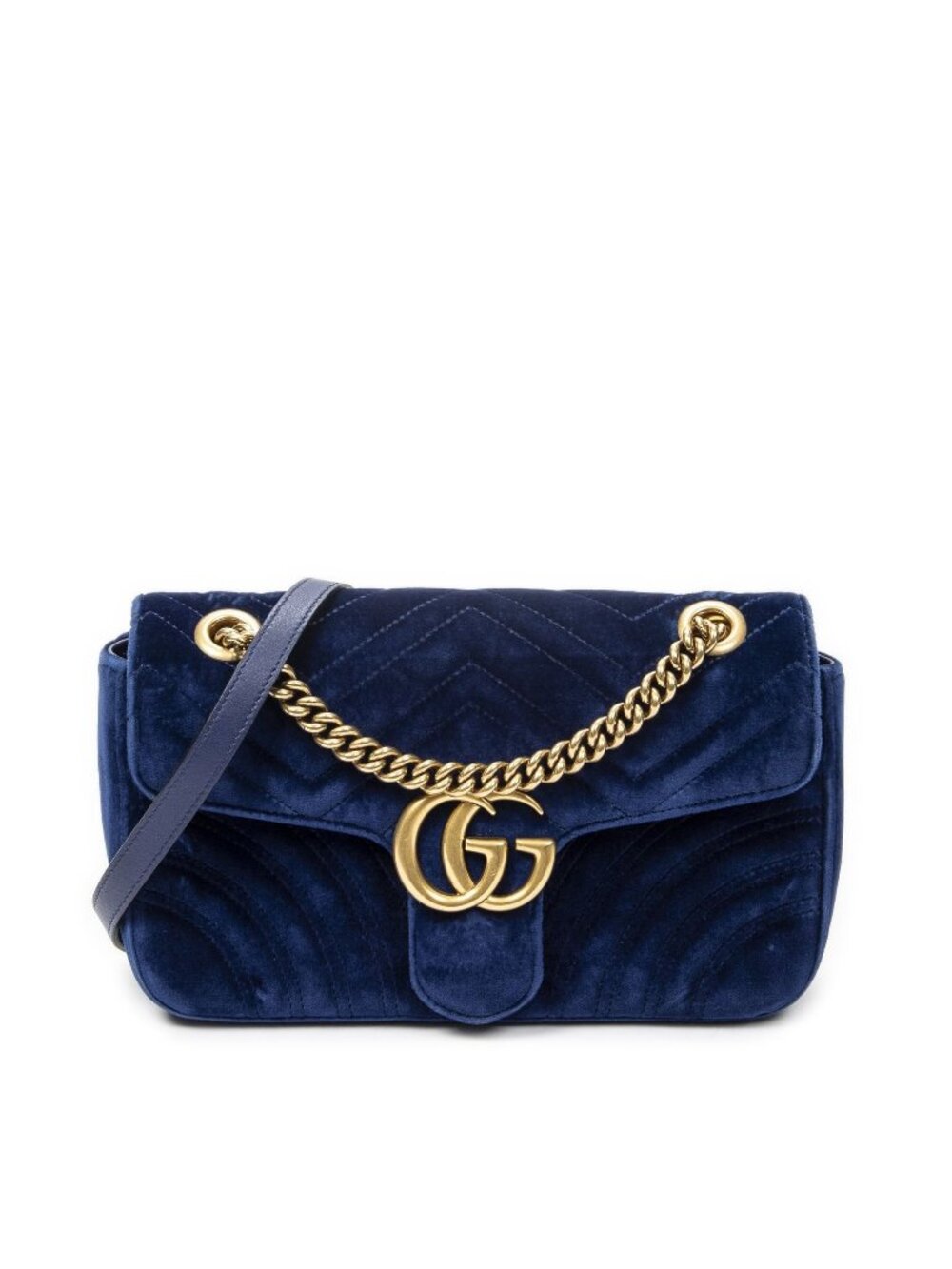 Gucci Small GG Marmont Flap Bag Navy Blue Matelasse Velvet